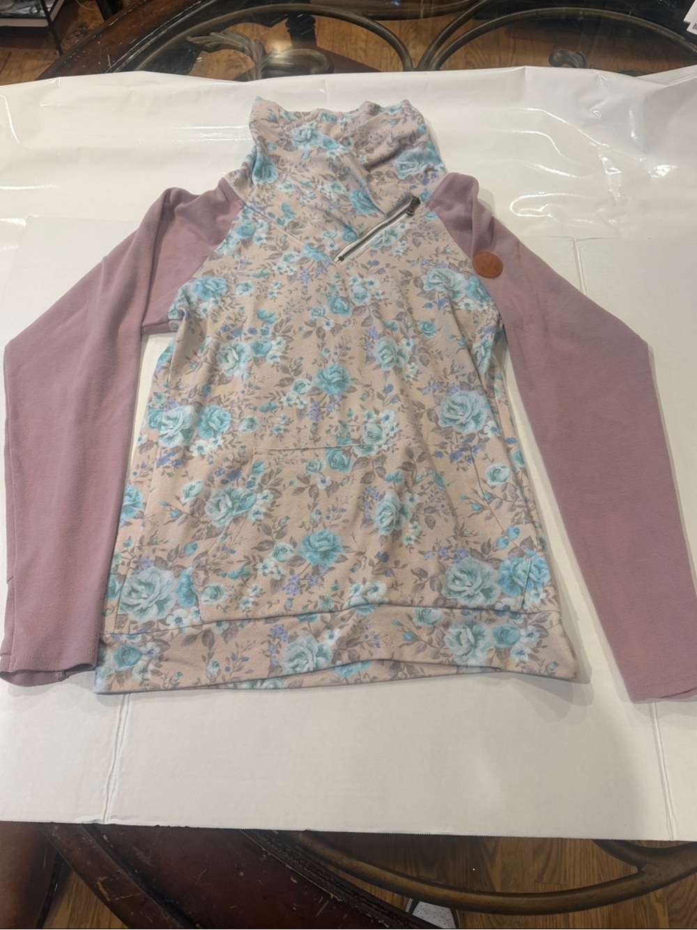 Michelle Mae Pink Floral Cowl Neck Pullover with Light Blue Roses MM1